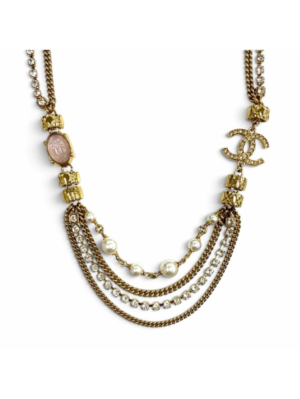 Chanel CC Logo Eco Pearl Stone Crush Chain Necklace Gold Pink White